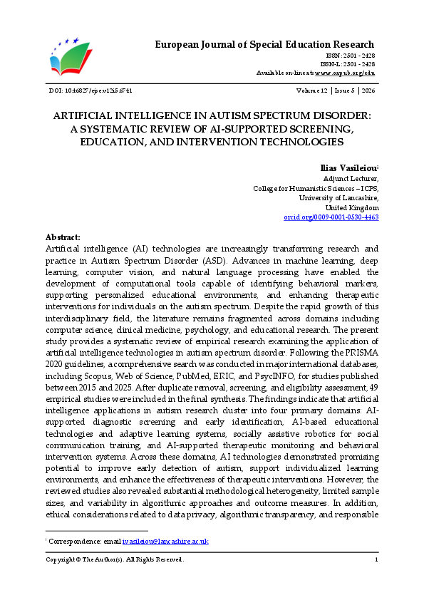 (PDF) ARTIFICIAL INTELLIGENCE IN AUTISM SPECTRUM DISORDER: A SYSTEMATIC ...