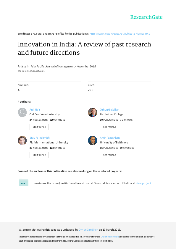 (PDF) Innovation in India: A review of past research and future directions