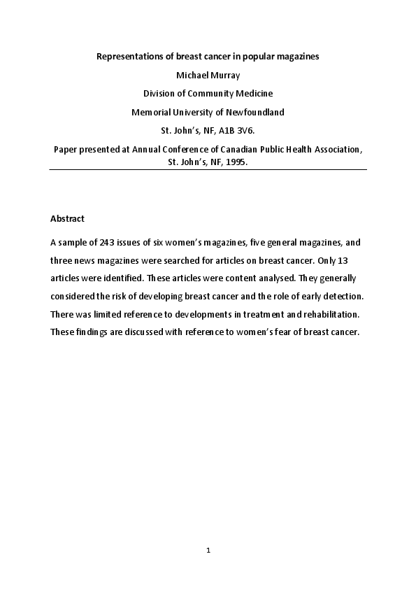 (PDF) Representations of breast cancer in popular magazines