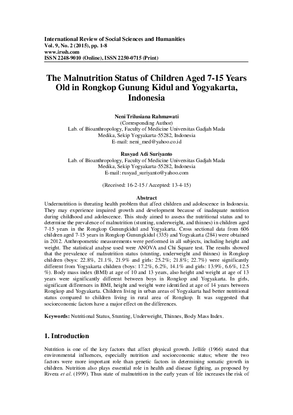 (PDF) The Malnutrition Status of Children Aged 7-15 Years Old in ...