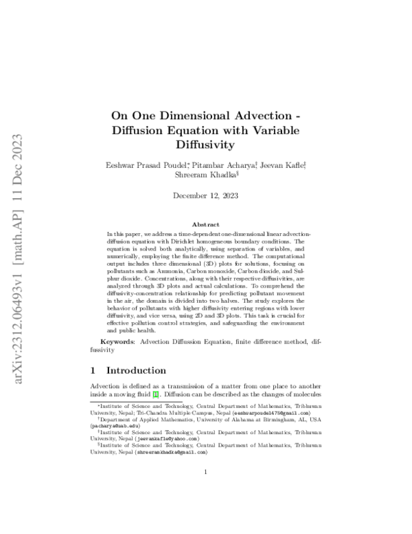 (PDF) On One Dimensional Advection -- Diffusion Equation with Variable ...