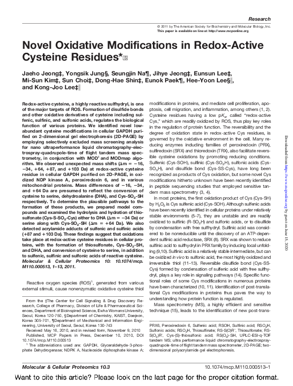 (PDF) Novel Oxidative Modifications in Redox-Active Cysteine Residues