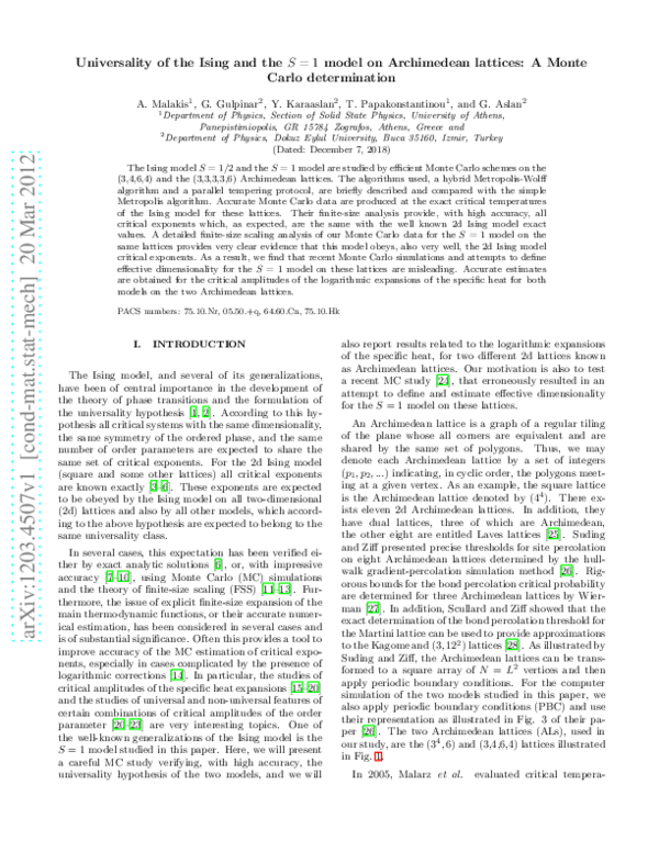 (PDF) Universality of the Ising and the S = 1 model on Archimedean ...