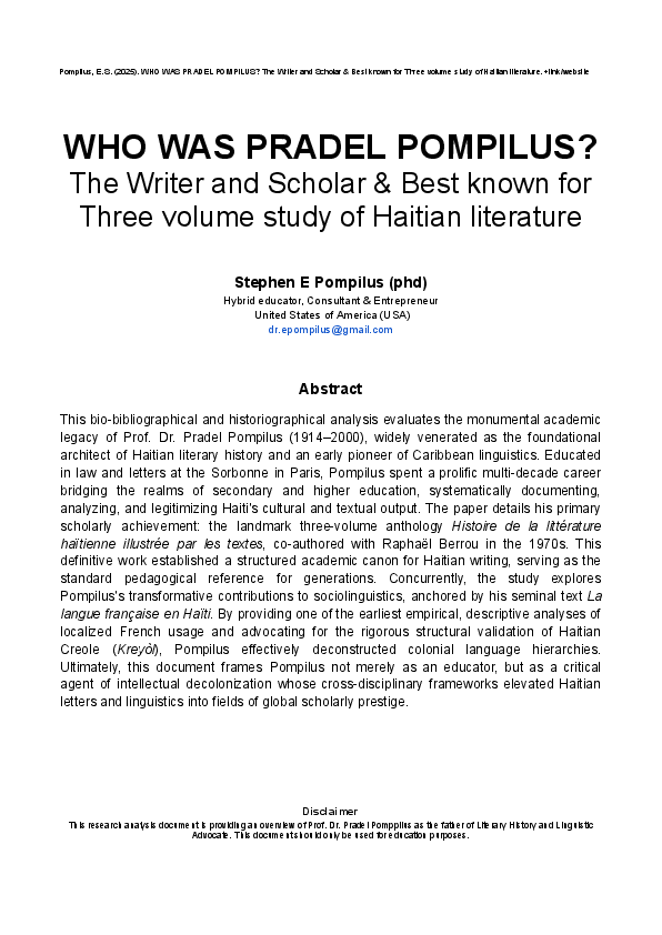 (PDF) WHO WAS PRADEL POMPILUS? The Writer and Scholar & Best known for ...