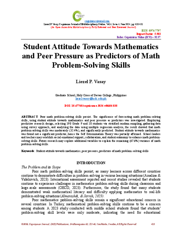 (PDF) Student Attitude Towards Mathematics and Peer Pressure as ...