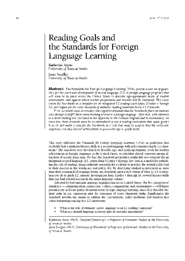 (PDF) "Reading Goals and the Standards for Foreign Language Learning