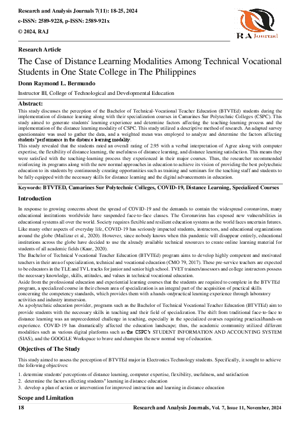 (PDF) The Case of Distance Learning Modalities Among Technical ...