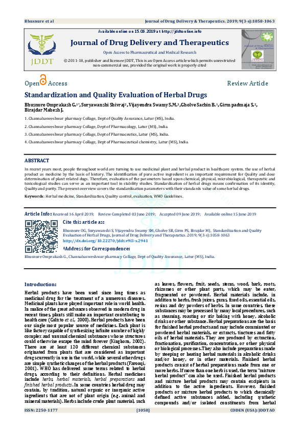 (PDF) Standardization and Quality Evaluation of Herbal Drugs