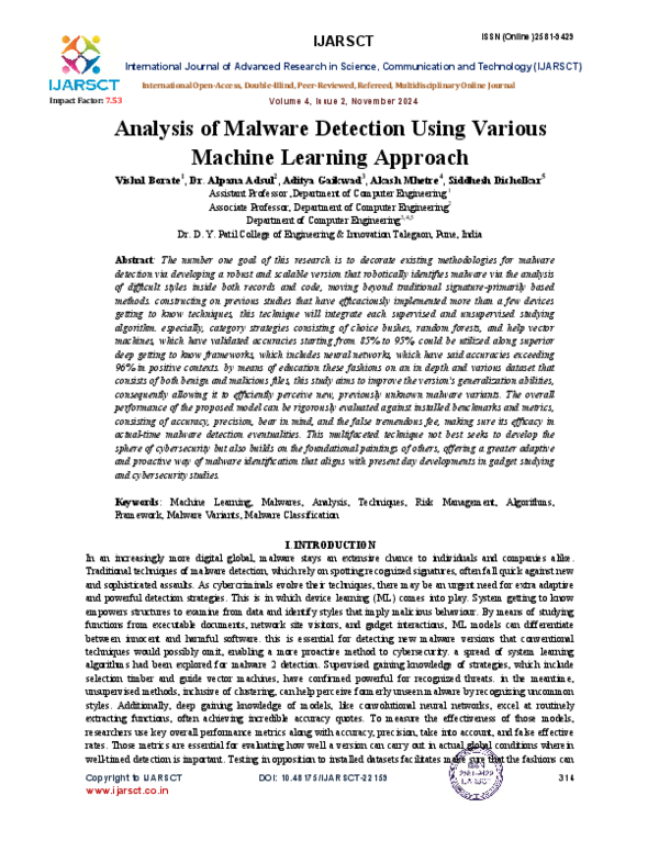 (PDF) Analysis of Malware Detection Using Various Machine Learning Approach
