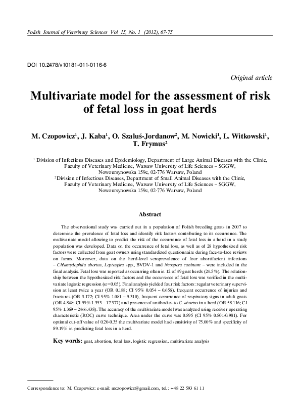 (PDF) Multivariate model for the assessment of risk of fetal loss in ...