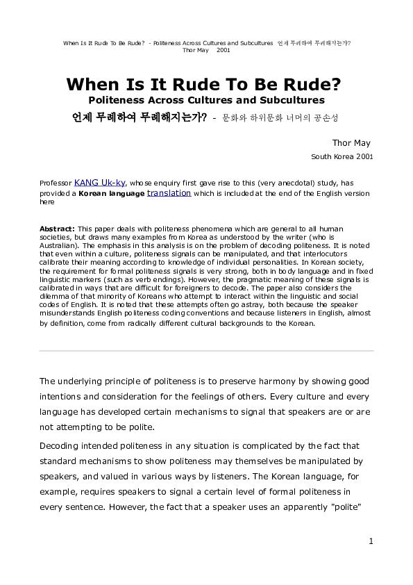 (PDF) When Is It Rude To Be Rude? - Politeness Across Cultures and ...