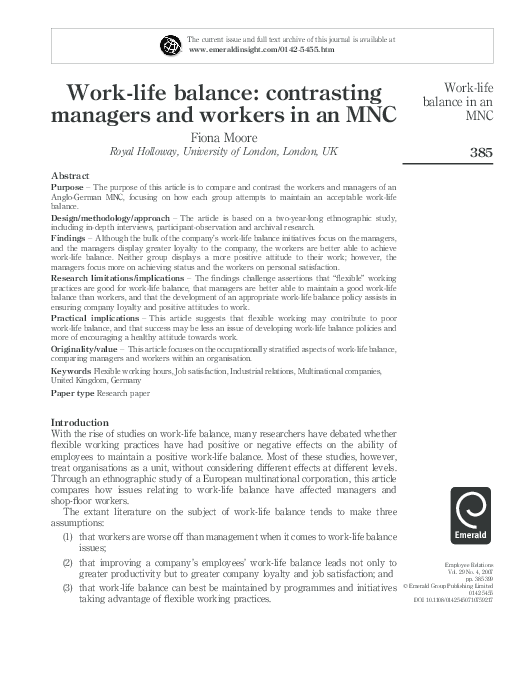 (PDF) Work-life balance: contrasting managers and workers in an MNC
