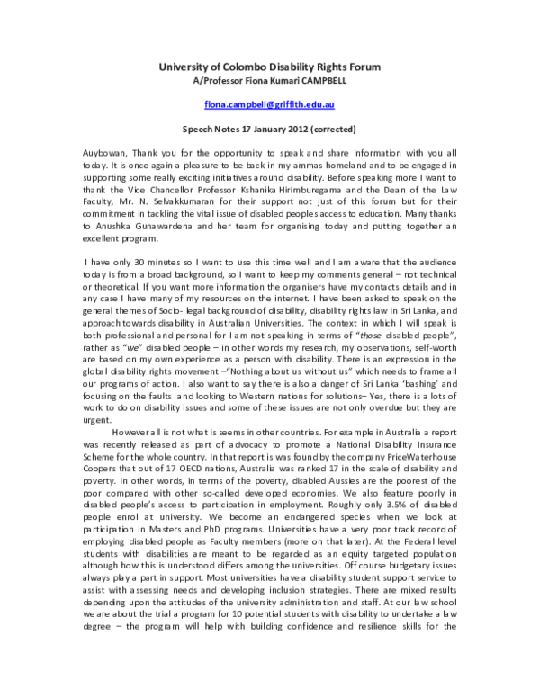 (PDF) University of Colombo Disability Rights Forum - Speech Notes 17 ...