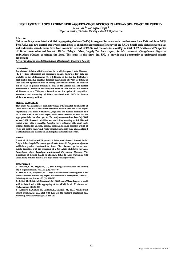 Pdf Fish Assemblages Around Fish Aggregation Devices In Aegean Sea Coast Of Turkey Aytac Ozgul Academia Edu