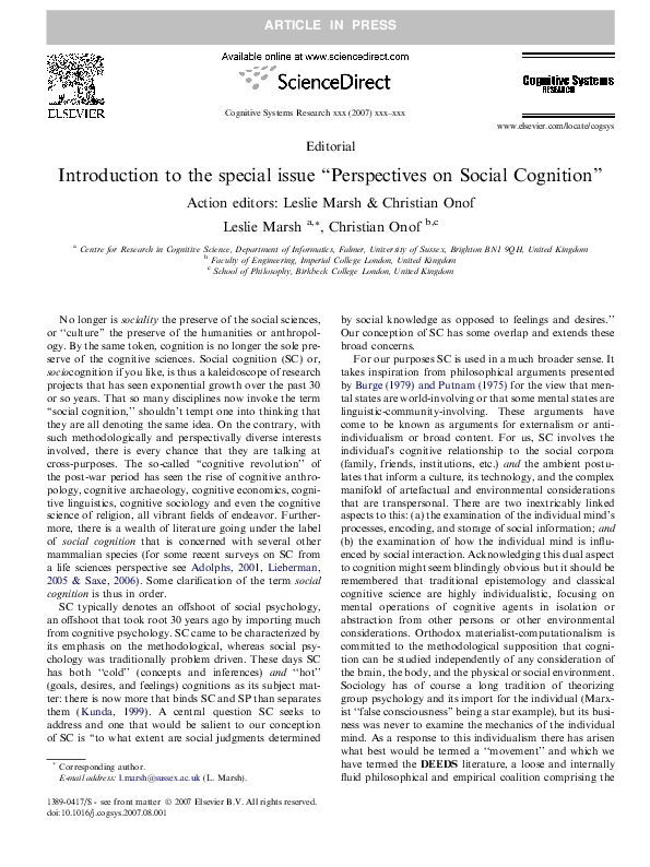 (PDF) Introduction to "Perspectives on Social Cognition" - special ...