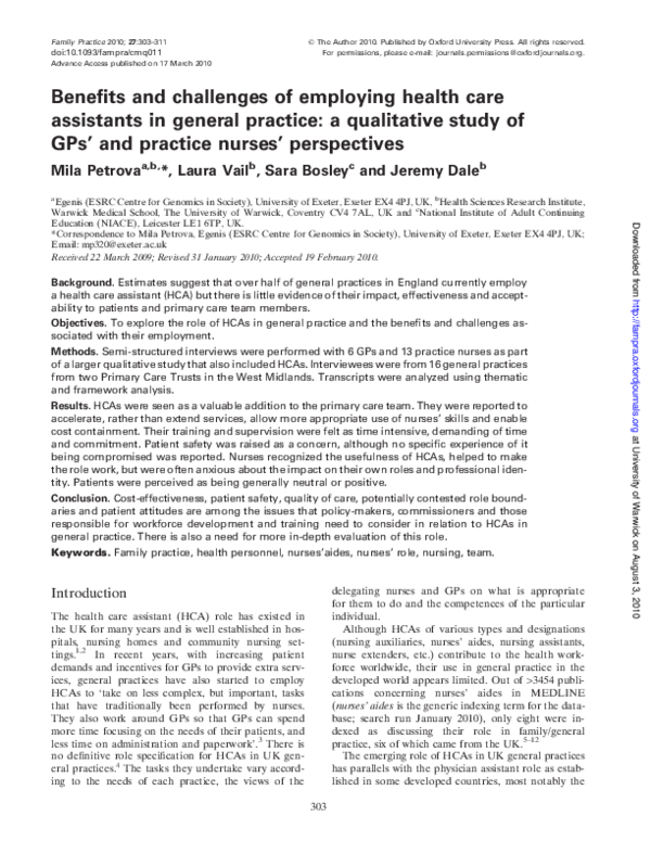 (PDF) Benefits and Challenges of Employing Health Care Assistants In ...