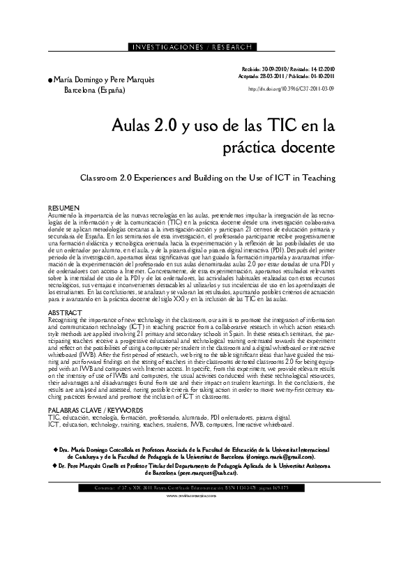 (PDF) Aulas 2.0 y uso de las TIC en la práctica docente