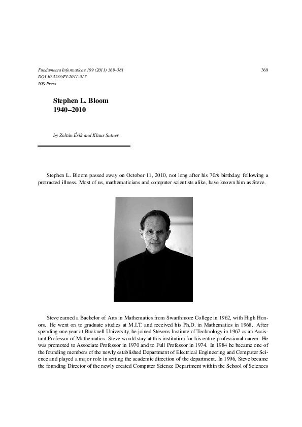 (PDF) Stephen L. Bloom 1940–2010