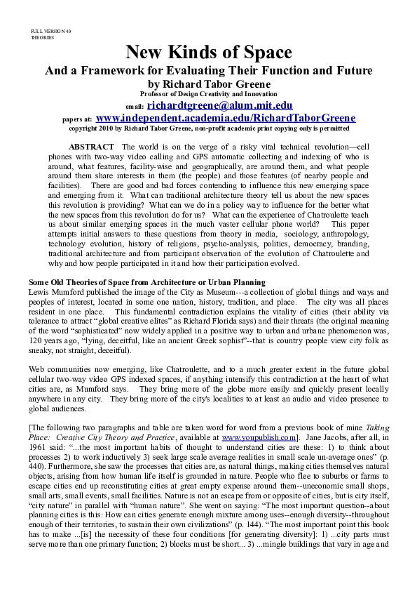 (PDF) NEW KINDS OF SPACE A Framework for Evaluating their Function & Future