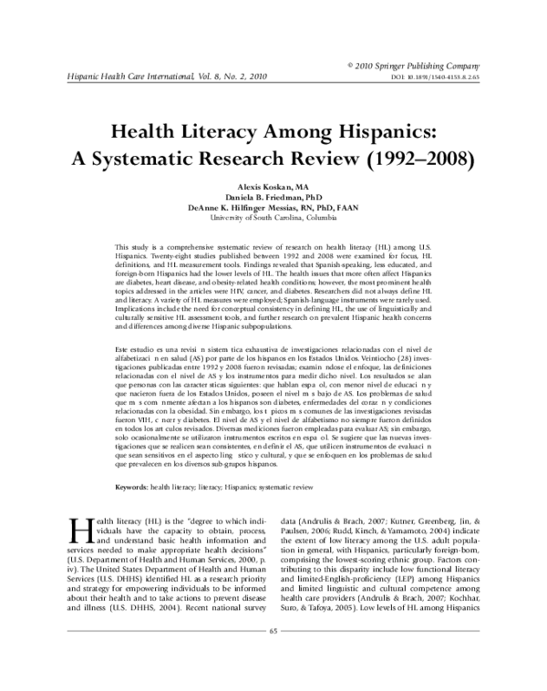 (PDF) Health Literacy Among Hispanics: A Systematic Research Review ...