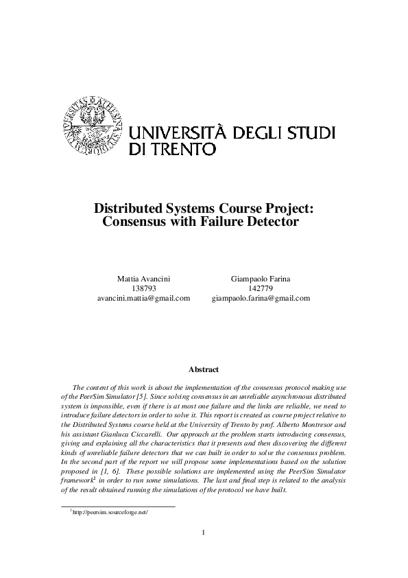 (PDF) Distributed Systems Course Project: Consensus with Failure Detector