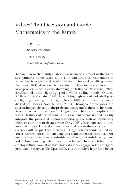 (PDF) Values that occasion and guide mathematics in the family