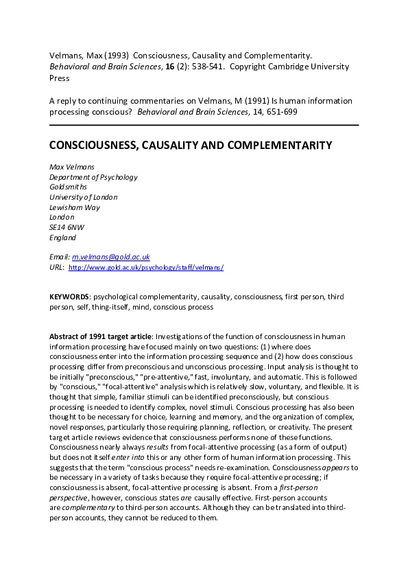 (PDF) Consciousness, causality and complementarity
