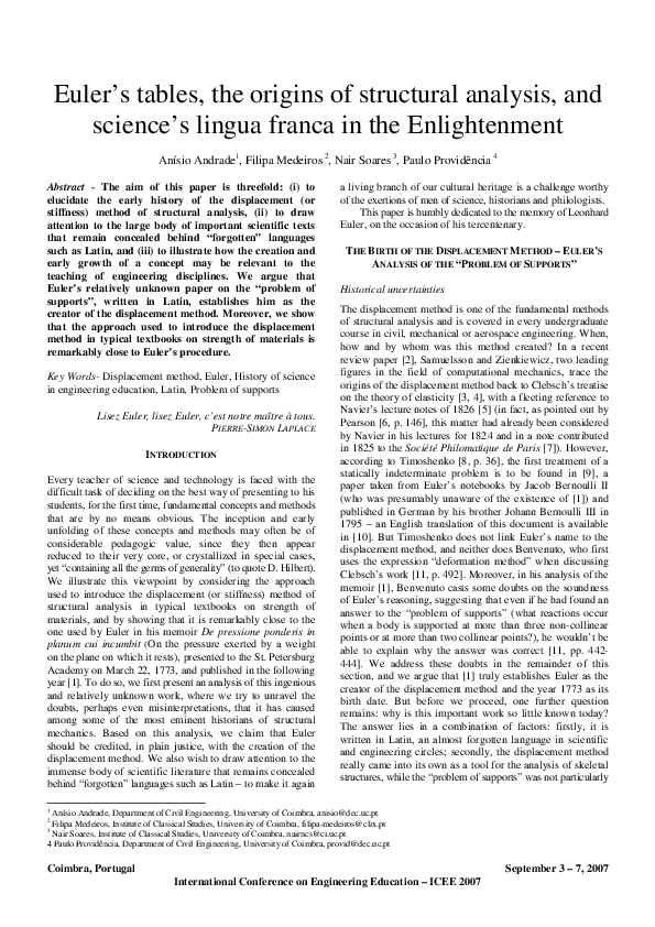 (PDF) Euler's tables, the origins of structural analysis, and science's ...