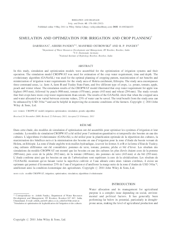 (PDF) SIMULATION AND OPTIMIZATION FOR IRRIGATION AND CROP PLANNING