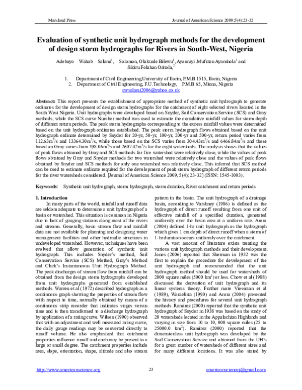 (PDF) Evaluation of synthetic unit hydrograph methods for the ...