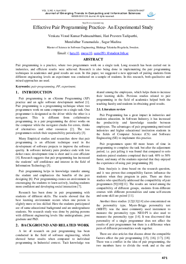 (PDF) Effective Pair Programming Practice-An Experimental Study
