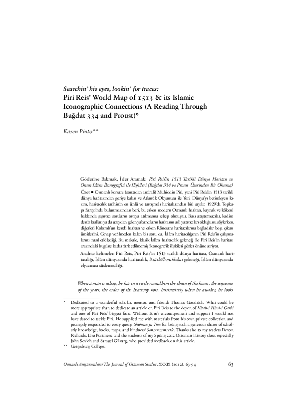Searchin’ his eyes, lookin’ for traces: Piri Reis’ World Map of 1513 & its Islamic Iconographic Connections (A Reading Through Bagdat 334 and Proust)