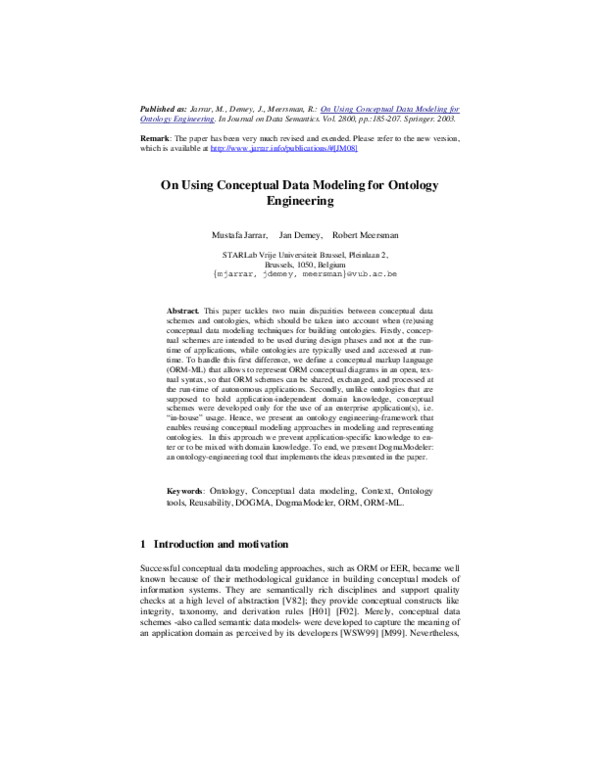 (PDF) On Using Conceptual Data Modeling for Ontology Engineering