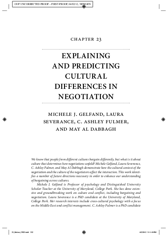 (PDF) Explaining and Predicting Cultural Differences in Negotiation