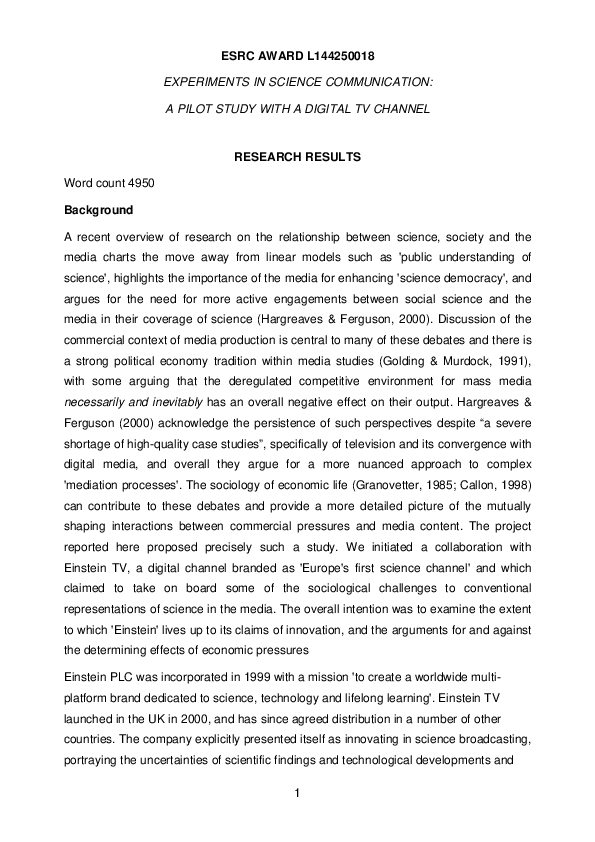 (PDF) Experiments in Science Communication: A Pilot Study with a ...