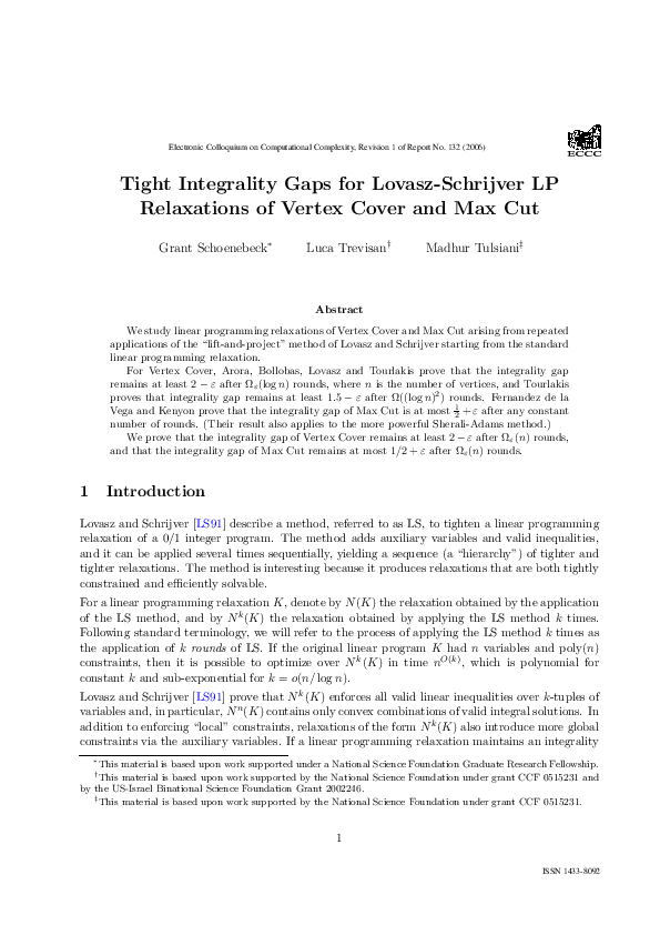 (PDF) Tight Integrality Gaps for Lovasz-Schrijver LP Relaxations of ...