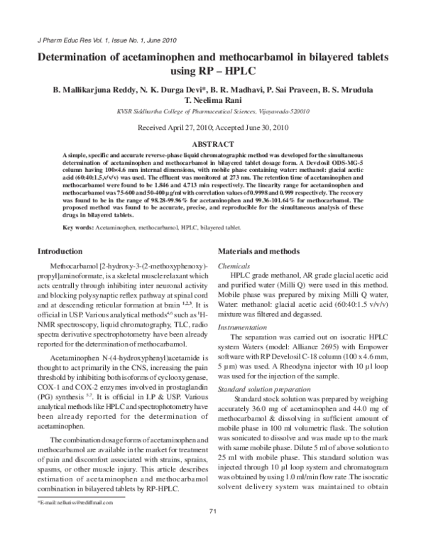 (PDF) Determination of acetaminophen and methocarbamol in bilayered tablets using RPHPLC Sai