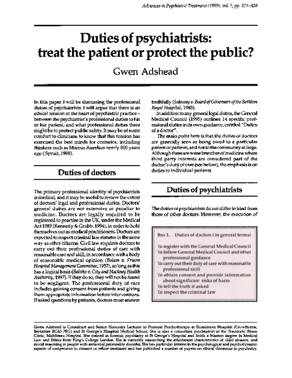 (PDF) Duties of psychiatrists treat the patient or protect the public