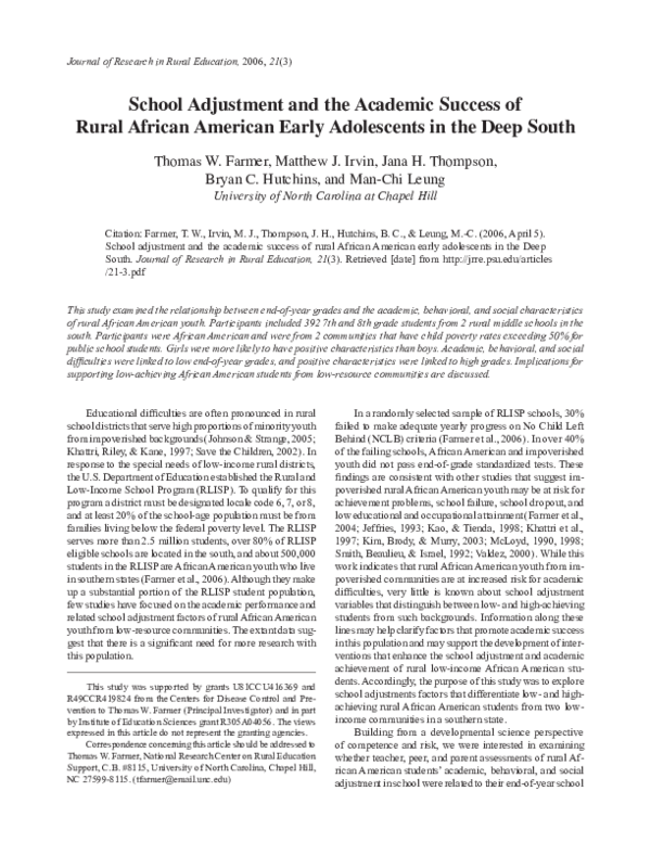 (PDF) School Adjustment and the Academic Success of Rural African ...