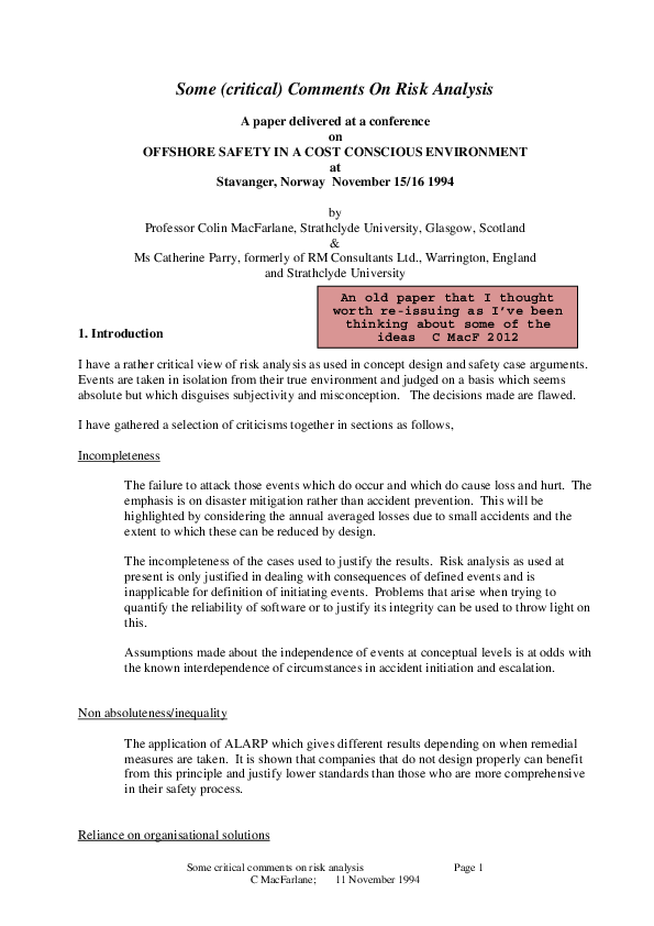 (PDF) Some (critical) Comments On Risk Analysis