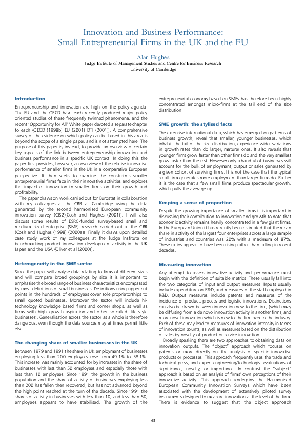 (PDF) Innovation and business performance: small entrepreneurial firms ...
