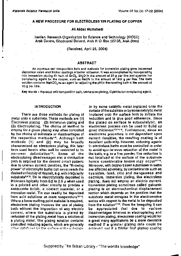 (PDF) A new procedure for electroless tin plating of copper