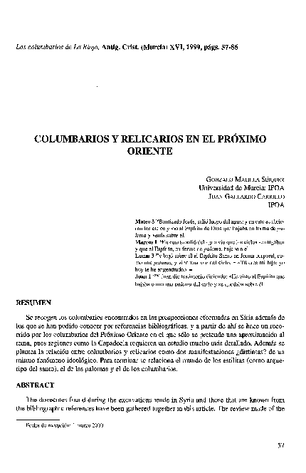 Columbarios y relicarios en el Próximo Oriente