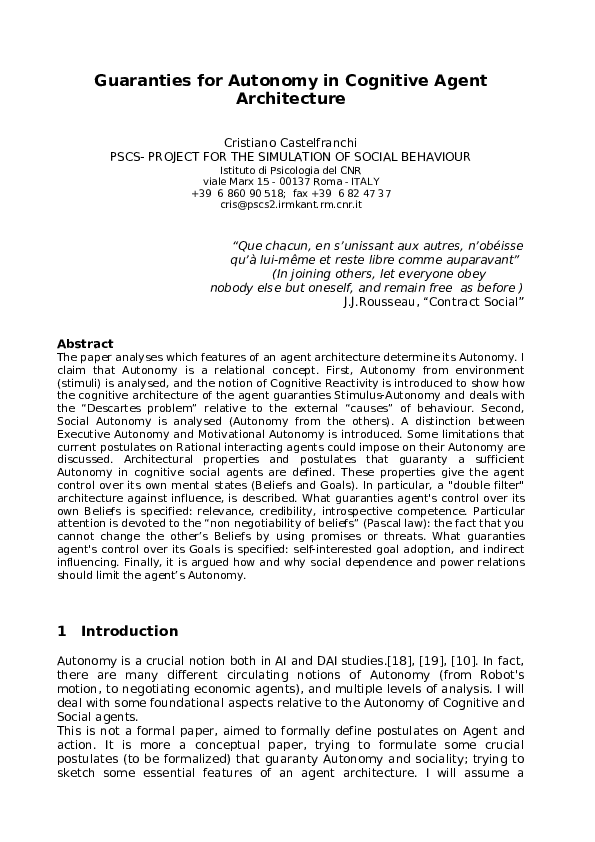 Guaranties for Autonomy in Cognitive Agent Architecture