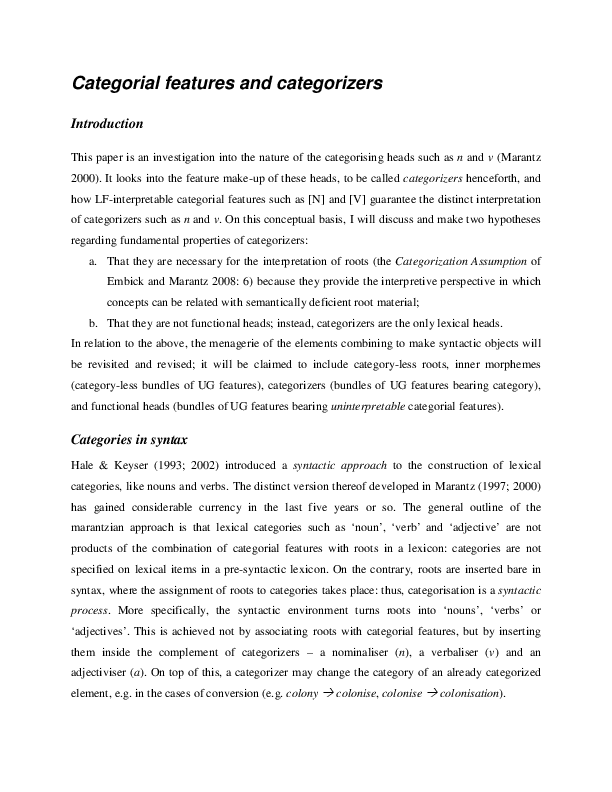 Pdf Categorial Features And Categorizers E Phoevos Panagiotidis Academia Edu