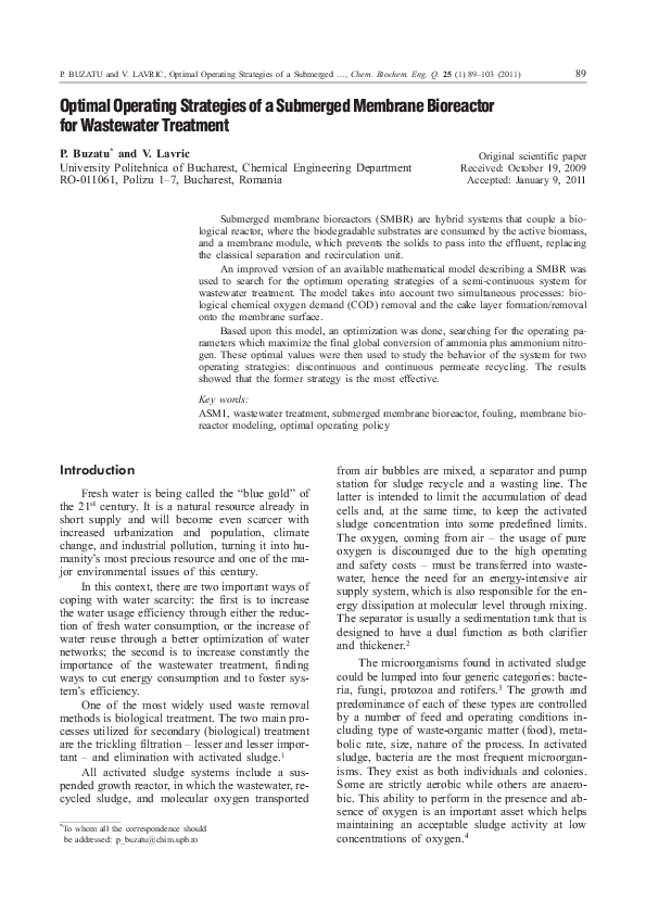 (PDF) Optimal Operating Strategies of a Submerged Membrane Bioreactor ...