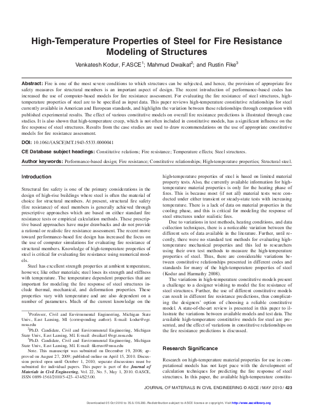 (PDF) High-Temperature Properties of Steel for Fire Resistance Modeling ...