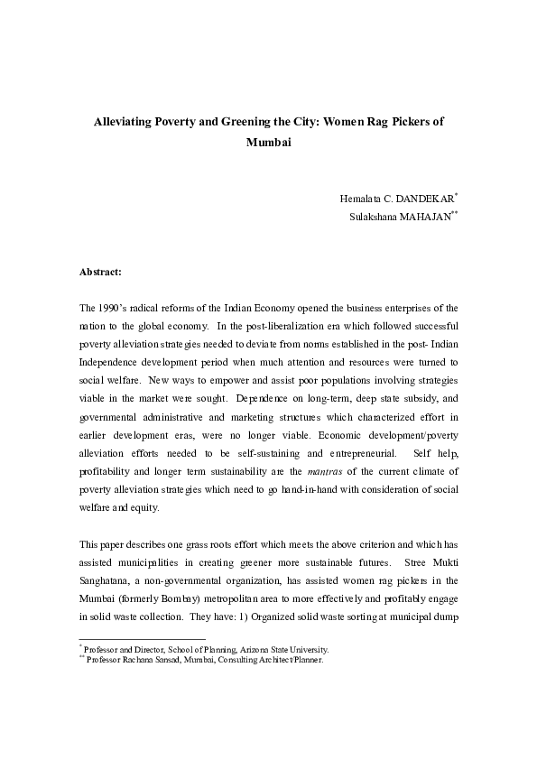 (PDF) Alleviating Poverty and Greening the City Women Rag Pickers of