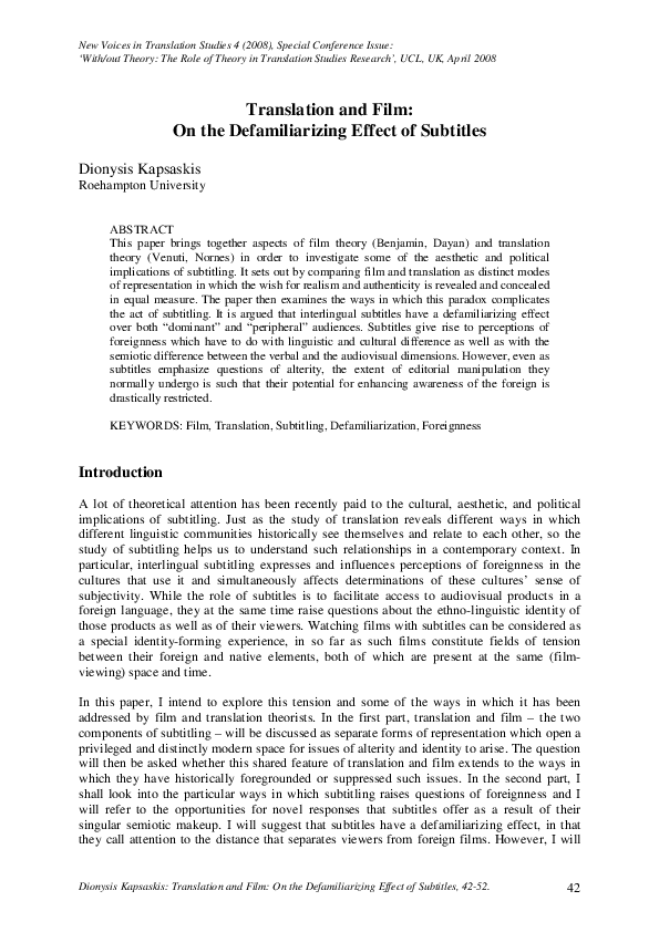 (PDF) Translation and Film: On the Defamiliarizing Effect of Subtitles