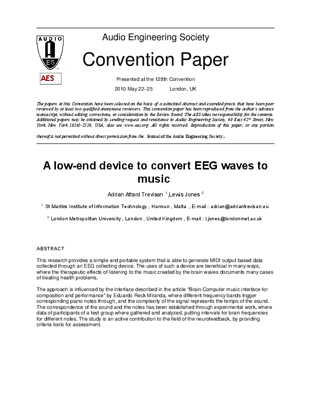 (PDF) Low End Device to Convert EEG waves to MIDI Adrian Attard